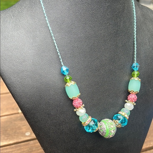 Handmade Colorful Pink & Blue Beaded Statement Necklace – Boho Glam Style - Picture 5 of 6
